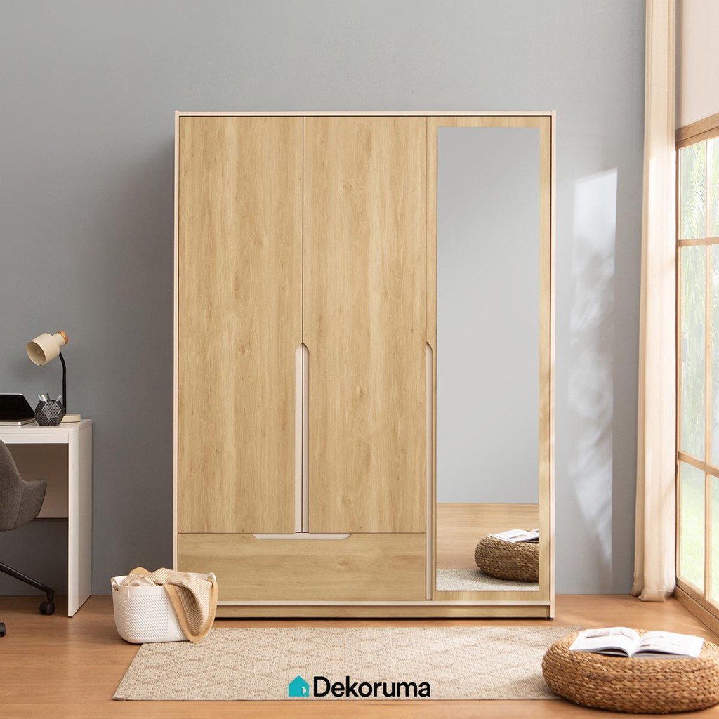 Dekoruma SIRI Lemari Pakaian 3 Pintu / Lemari Kayu Dengan Kaca