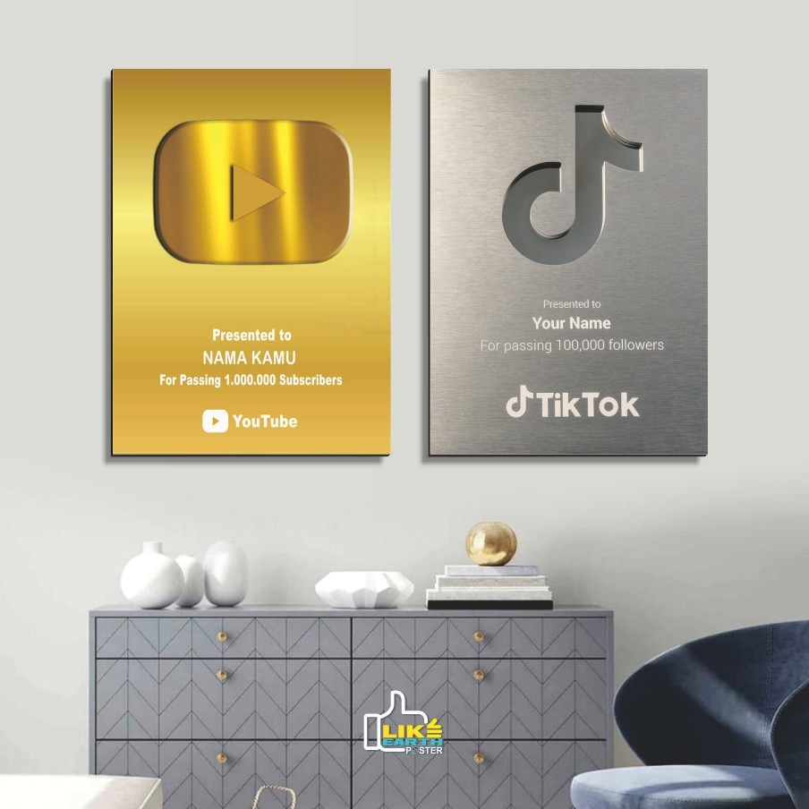 Poster Kayu Hiasan Dinding Youtube Play Button Silver Pajangan Youtubers Reward Tiktok Instagram Fb