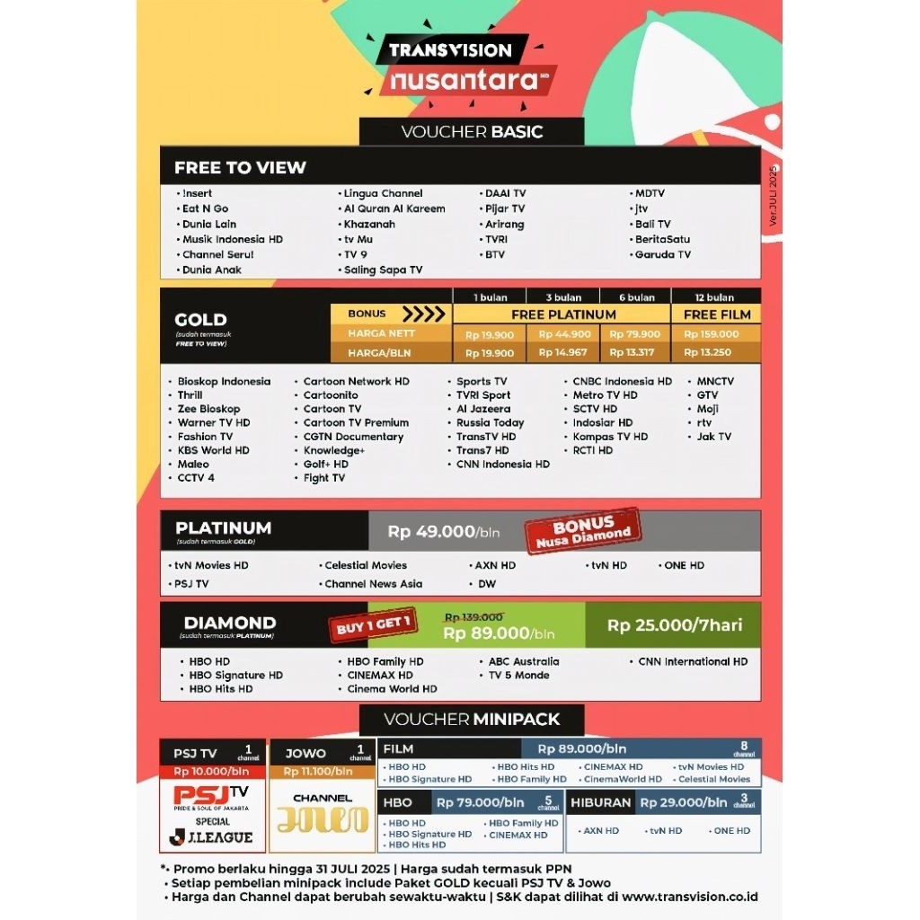 Paket Nusa GOLD 180/360 Hari/1Tahun Minipack Tanaka Nusantara HD Transvision Samsung HD Promo