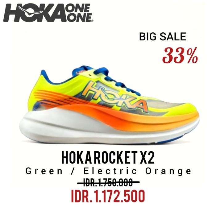 SEPATU RUNNING HOKA ROCKET X2 GREEN / ELECTRIC ORANGE MEN'S RUNNING 100% ORIGINAL BNIB / SEPATU SNEA