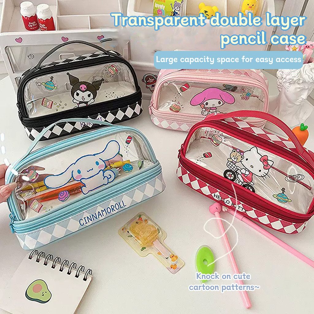 

Cartoon Kawaii Large-capacity Pencil Case Student Portable Transparent Double-layer Storage Bag Cute Cosmetic Bag Stationery Box