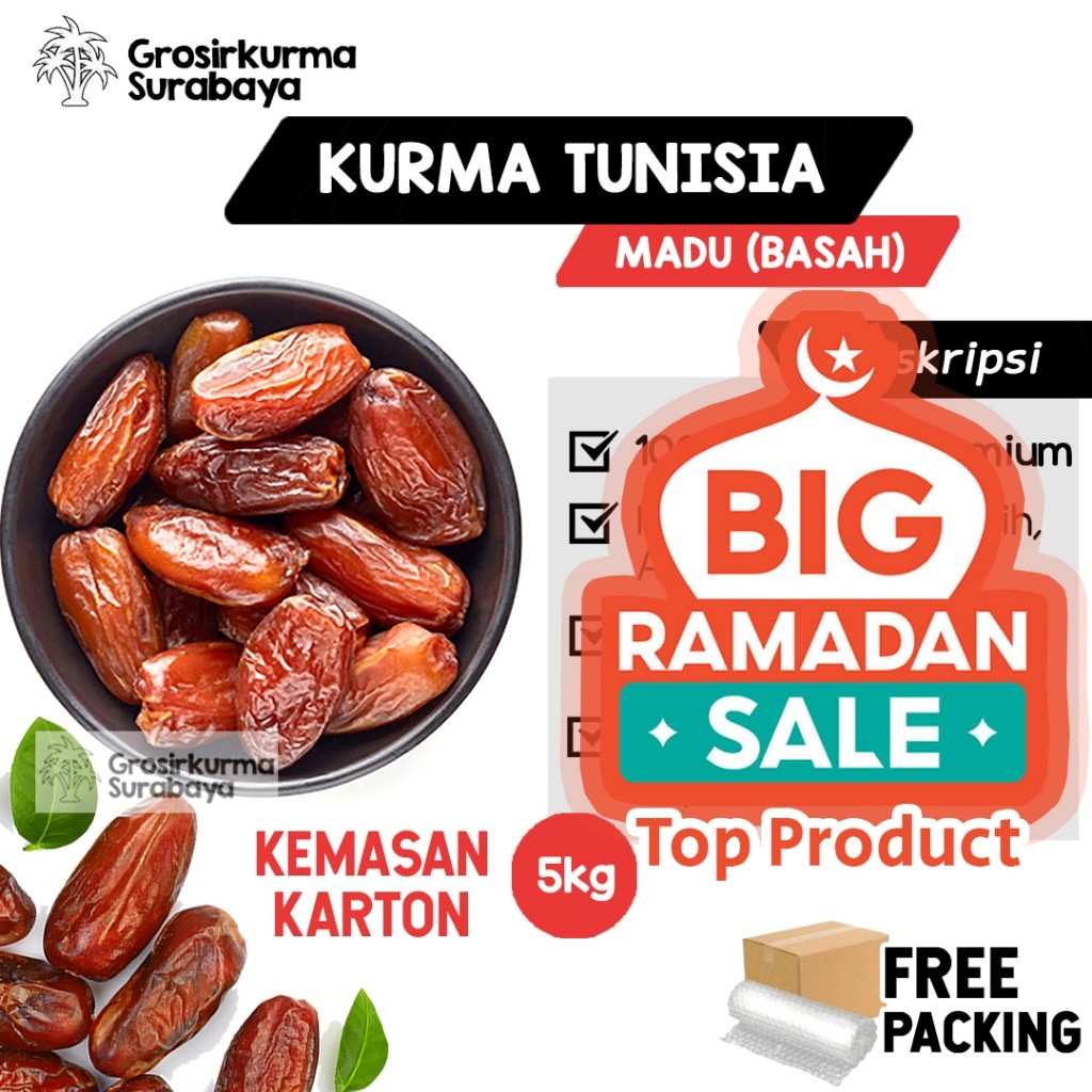 

KURMA TUNISIA MADU 5KG Kemasan Karton Superfood Kaya Gizi & Nutrisi Barari Royal Sukari Palmfruit
