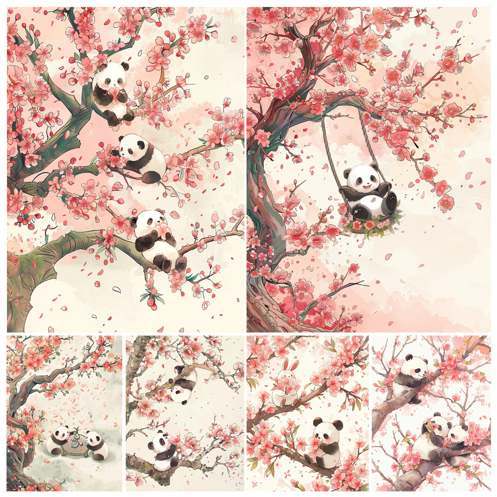 

Hand Painting Cartoon Peach Blossom Panda Landscape Painting By Numbers Kit DIY Artwork Canva Art GiftHome Decoration Gift