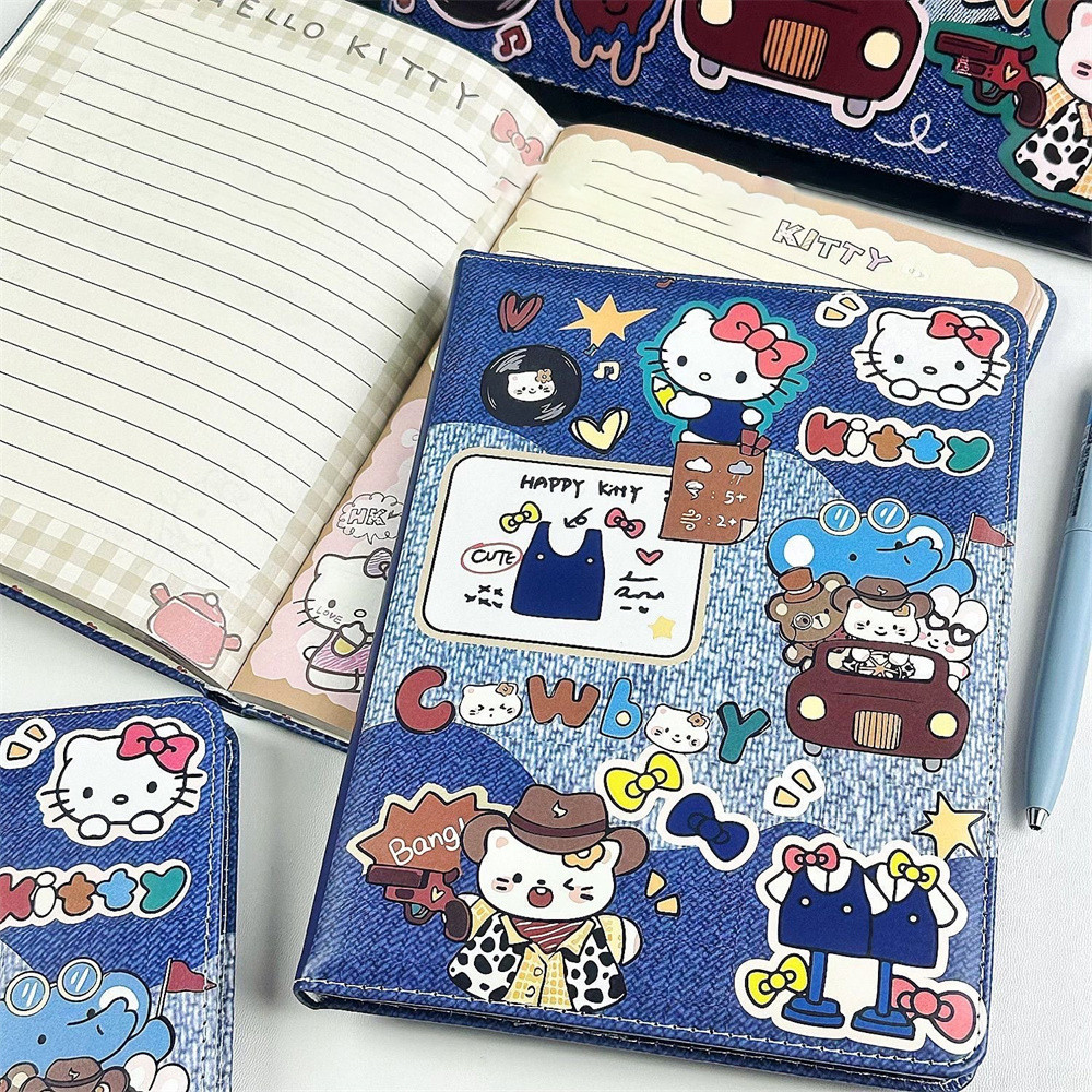 

Vintage Blue Cowboy Hello Kitty Leather A5 Notebook Full Color Painting Inner Page Student Stationery Cute Girls Diarybook Gifts