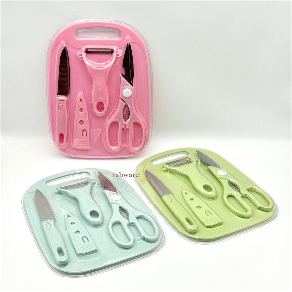 (1 Set) Pisau Dapur Mini Set 4in1 – Gunting, Peeler, Pisau & Talenan | Warna Pastel Cantik