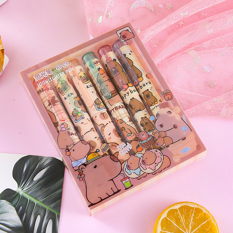 

TERMURAH! HIGHLIGHTER CAPYBARA 1 SET ISI 6 PCS WARNA PASTEL PIGMENTED SUPER KAWAII / ATK CAPYBARA