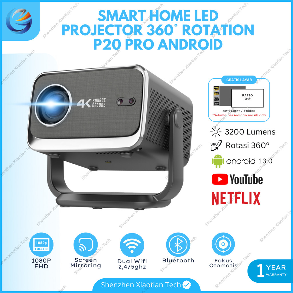 Smart Proyektor Mini LED P20 Android 13.0 Wifi 3200 Lumens 360° Rotating | Proyektor Android 4K Full