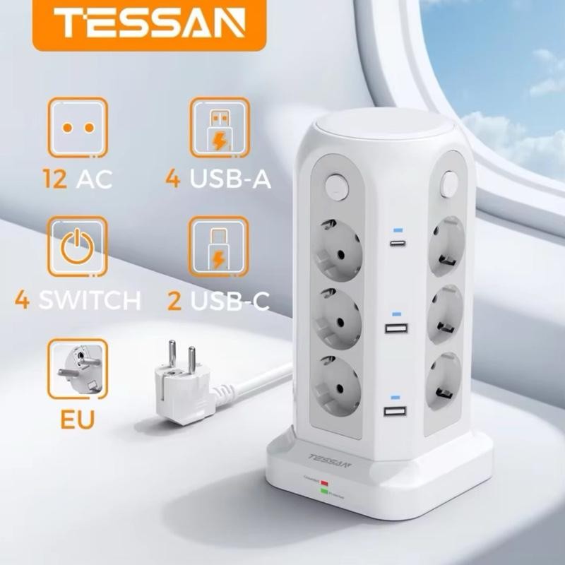 TESSAN GM-JA-EU03-GR Stop Kontak Soket Multi Outlets Power Strip 12 Lubang Outlet EU & 4 USB A & 2 U