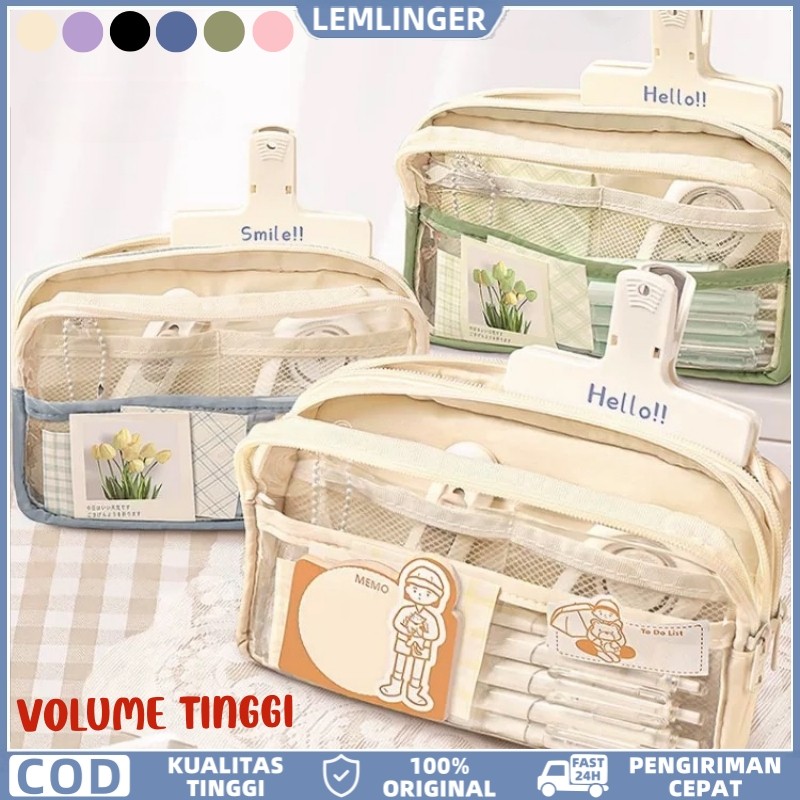 

LEMLINGERKotak Pensil Transparan Aesthetic Pencil Case Large Lucu Stationery Organizer School Stuff