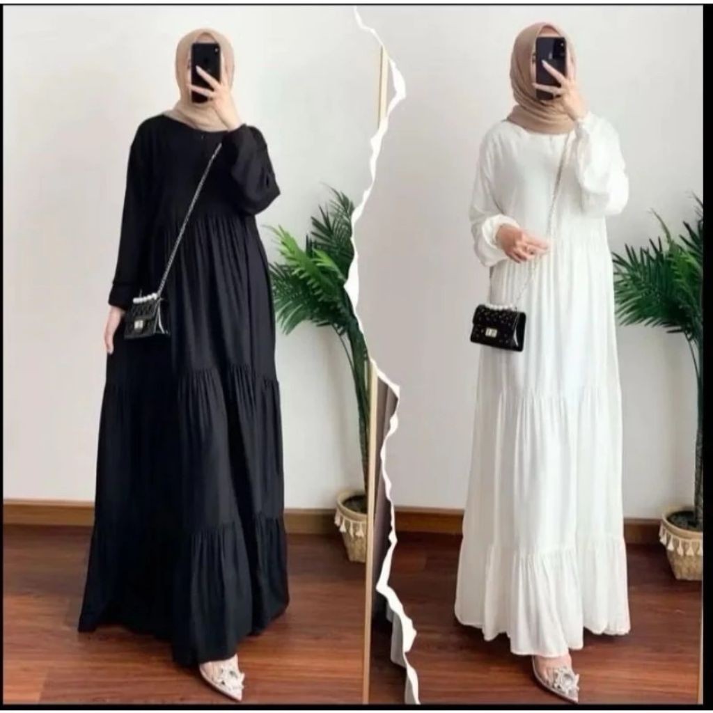 Gamis hitam putih Rempel Susun Bahan rayon premium / Busana Muslimah Terbaru / Gamis Terbaru
