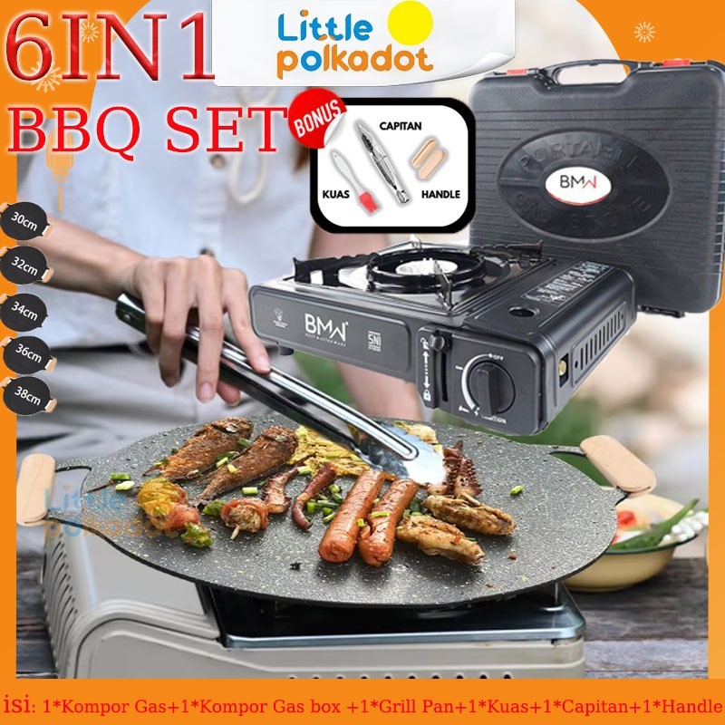 【Littlepolkadot】Set Grill Pan Dan Kompor Portablea Wooden Handle Alat Panggangan BBQ Grill Pan Set g