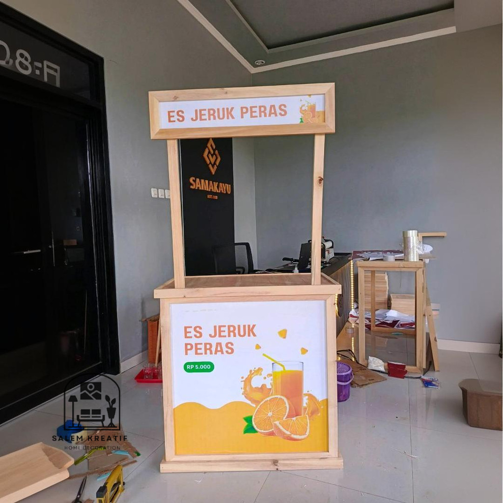 Booth Portable Lipat Kayu Pinus Premium – Meja Usaha Jualan Food & Minuman + FREE Desain Banner Cust