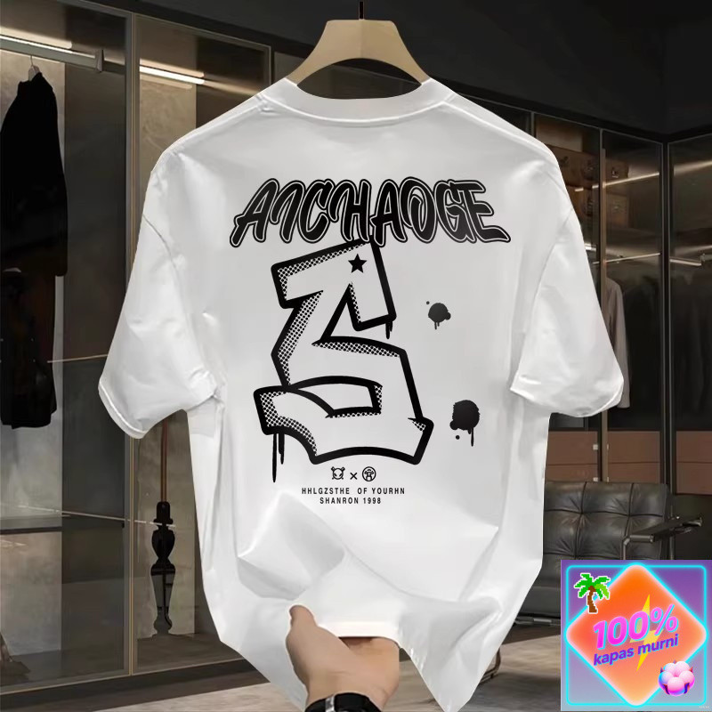 Kaos Pendek Katun Kasual Pria Shopee dengan Cetak Lukisan Tangan Huruf Trendy