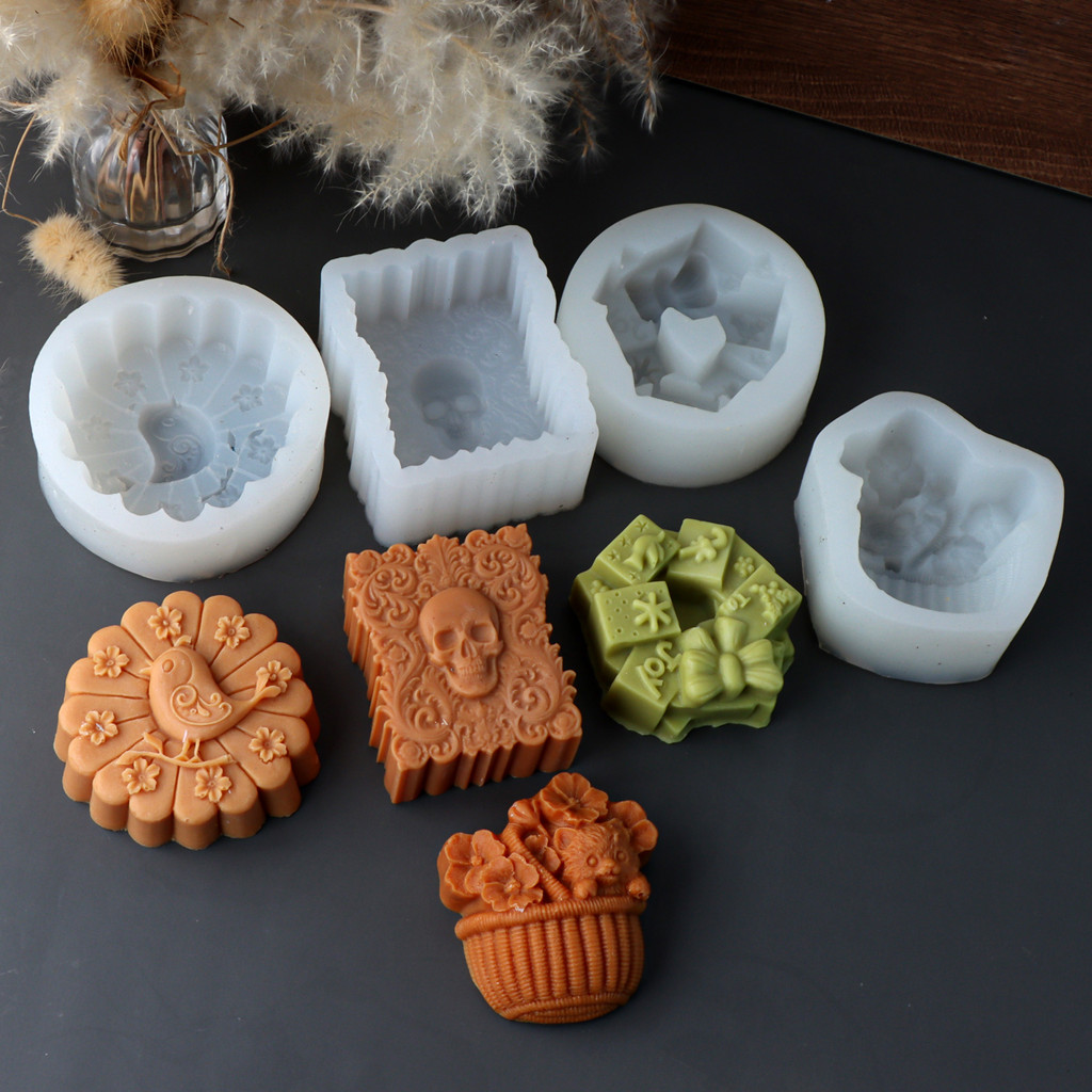 

Wreath Silicone Candle Mold Cat Flower Basket Mold for Plaster Resin Vintage Texture Skull and Bird Flower Soap Molds