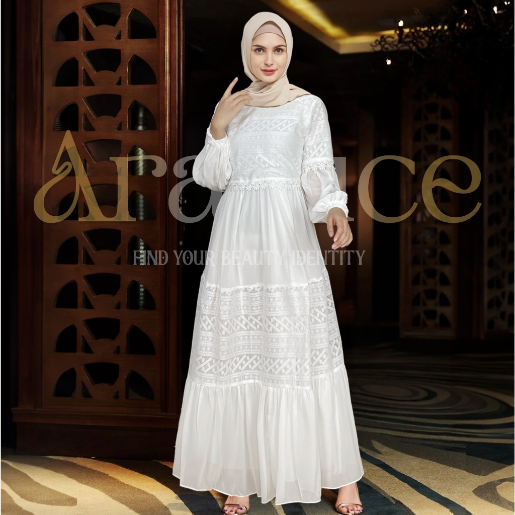 Baju Dress Gamis Putih Wanita Muslim By ARRALUCE Kekinian Terbaru ARL 048 / Gamis Brukat Brokat Burk