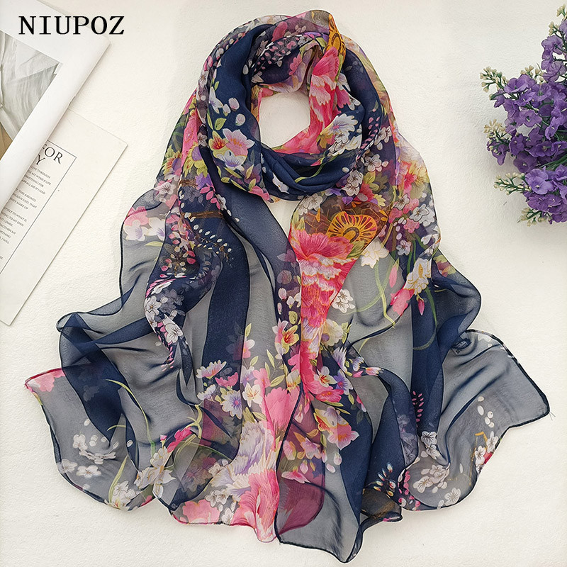 Women Foulard Elegant Chiffon Georgette Scarf Plum Bossom Summer Bandana Travel Sunscreen Thin Breat
