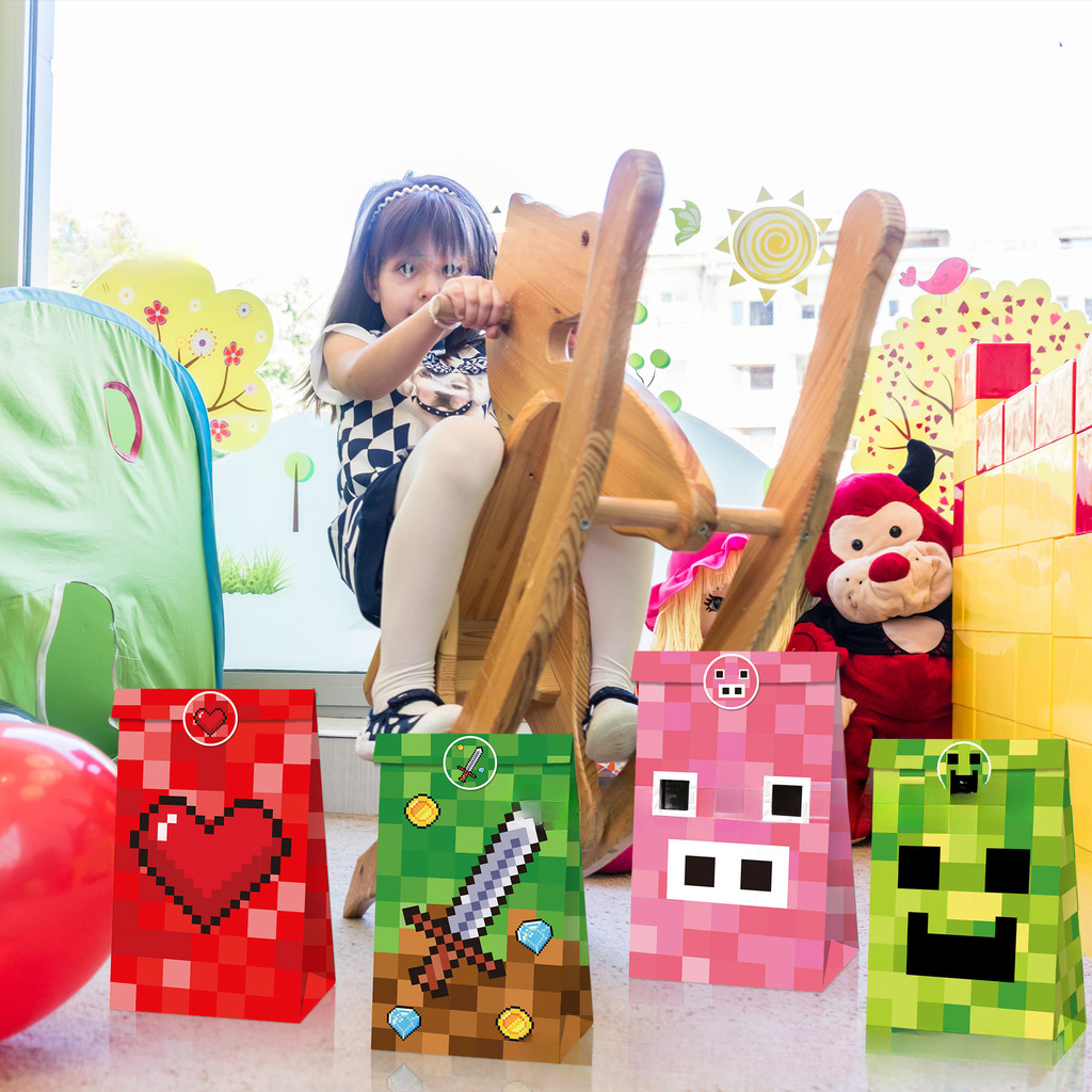 

12pcs Game Pixel Mosaic Kraft Paper Bag Candy Bag Gift Bag Candy Gift Bags Paper Bags Paper Bag Sticker Set Cake Paper Bags