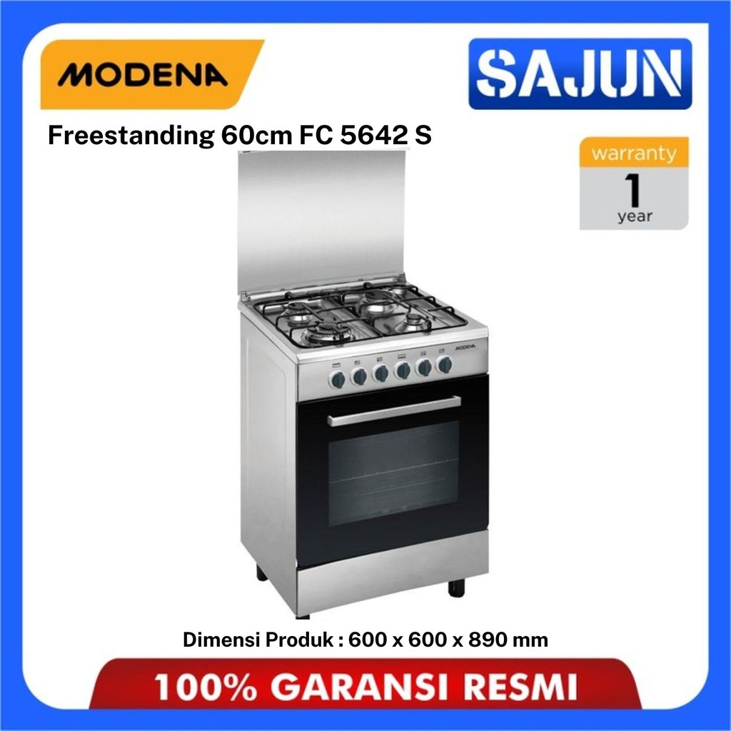 Modena Kompor Gas Freestanding FC 5642 S / FC5642S - 4 tungku 60 cm Stainless Steel Italian Burner