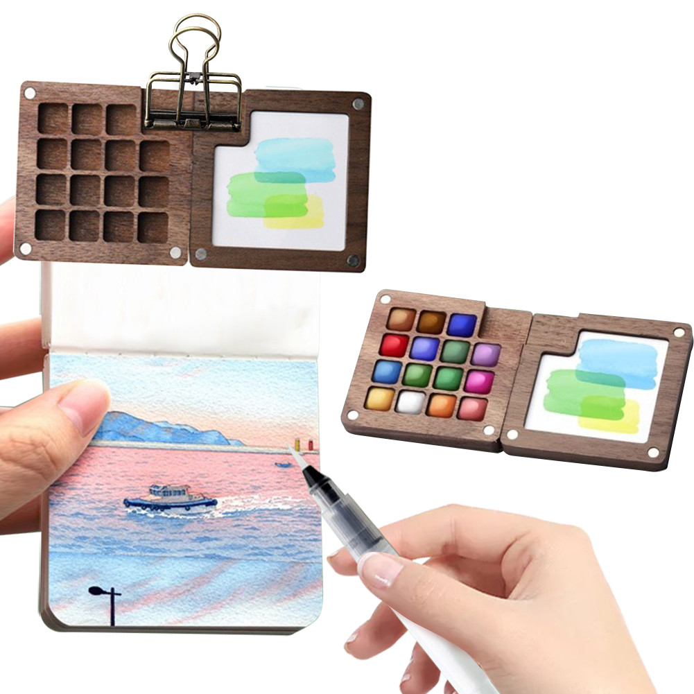 

Travel Paint Palette Pocket Artist Watercolor Set Mini Watercolor Palette Set Wooden Grid Paint Box for Artists and Students