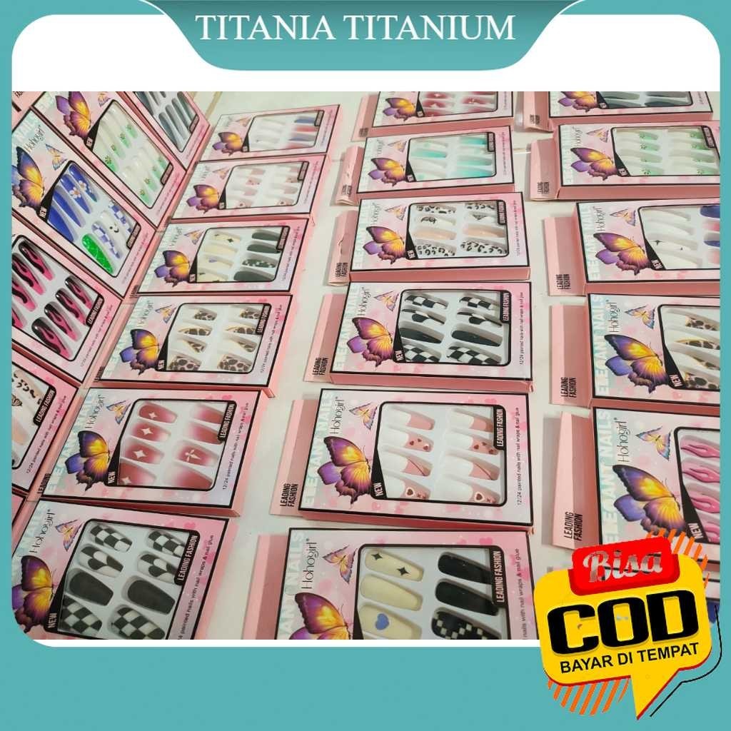 TITANIA [COD]. Kuku Palsu Panjang 12pcs Bonus Lem Kuku - Nail Art 3D Kuku Palsu Aesthetic Tahan Air 
