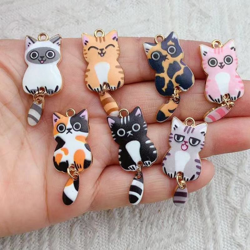 

10PCs Multicolor Enamel Cat Charms Animal Cartoon Pendants Gold Color Metal DIY Bracelets Necklace Jewelry Making 3.9cm x 1.6cm