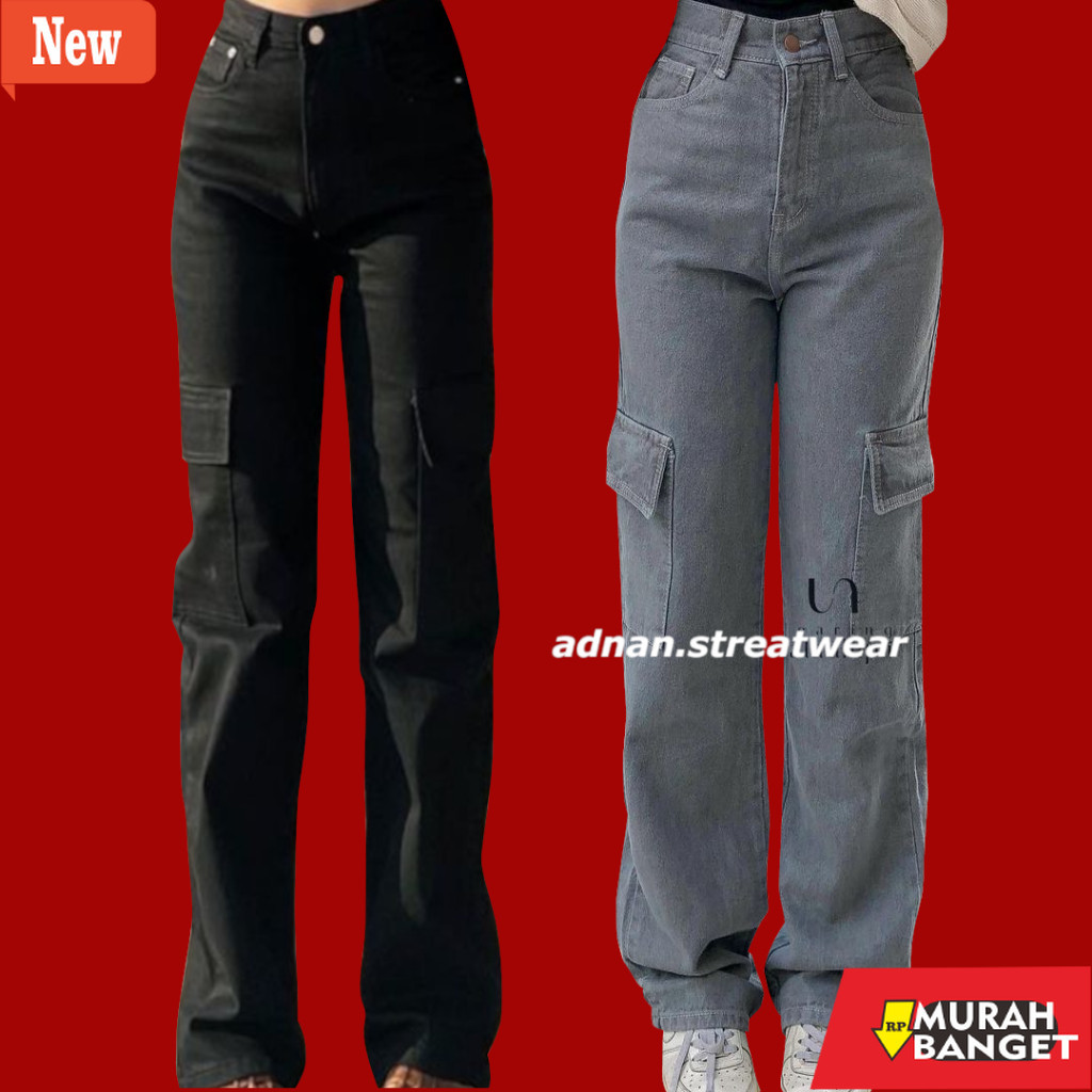 celana jogger wanita yg kekinian- PREMIUM CELANA CARGO WANITA BAGGY HIGHWAIST JEANS GRADE ORIGINAL W
