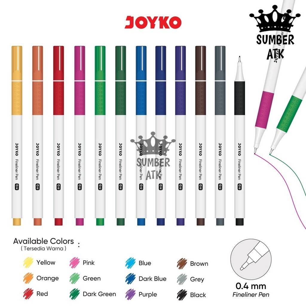 

Fineliner Pen Pulpen Pena Warna Joyko CLP-062 0.4mm Black Blue Red Yellow Orange Pink Green DarkGreen DarkBlue Purple Brown Grey