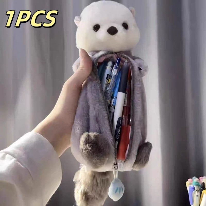 

Plush Sea Otter Pencil Case Portable Pen Marker Holder School Supplies Cartoon Soft Pencil Pouch Pen Bag Makeup Pouch