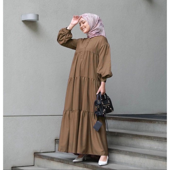 promo ✨ -Gamis Brezani Midi Long Dress Remaja Ruffle - Coklat Tua