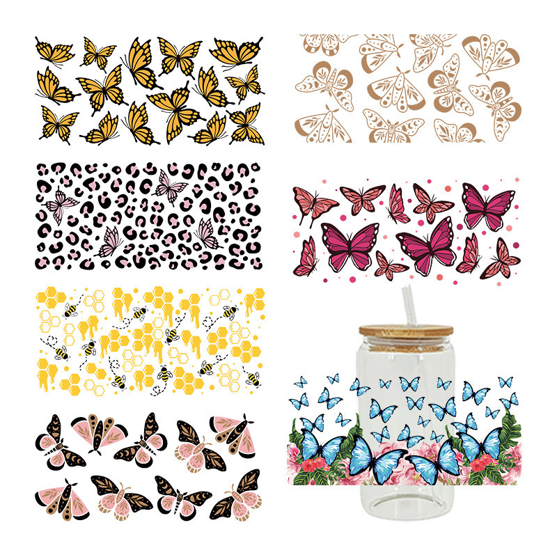 

UV DTF Transfer Sticker Butterfly Flowers For The 16oz Libbey Glasses Wraps Bottles Cup Can DIY Waterproof Custom Decals D8760