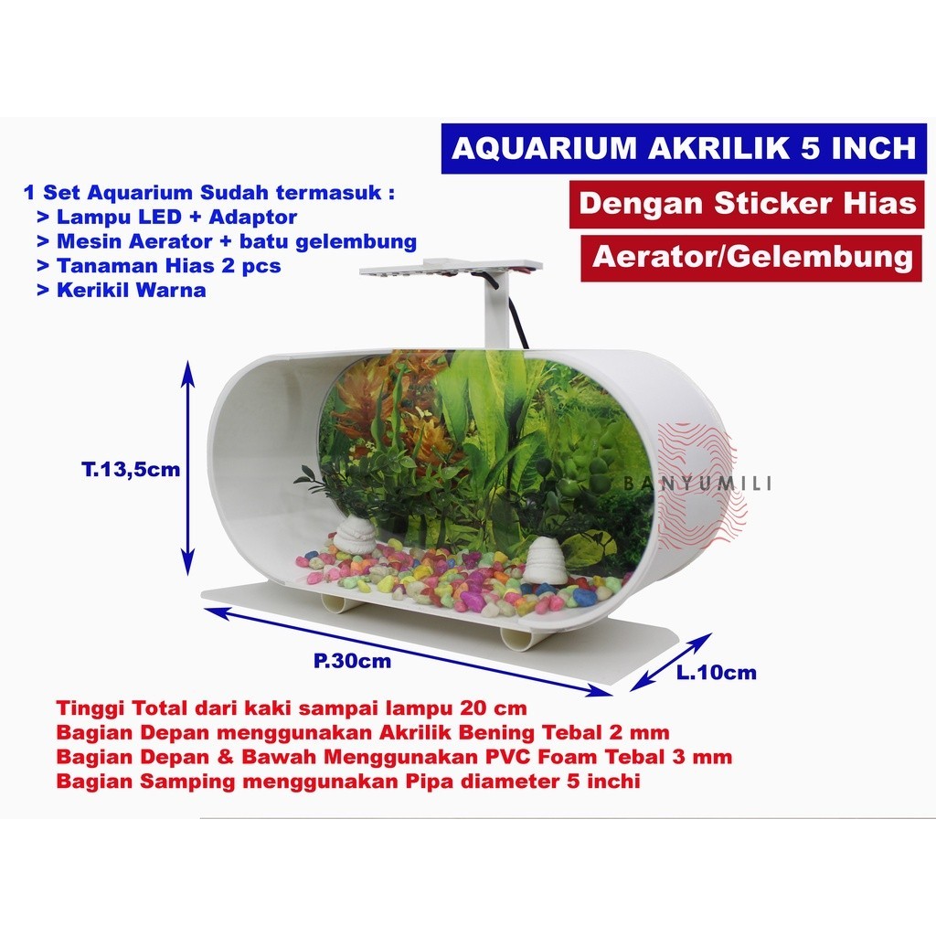 MN21L Aquarium Akrilik murah 5 dim full set + pompa aerator + batu gelembung + Lampu LED