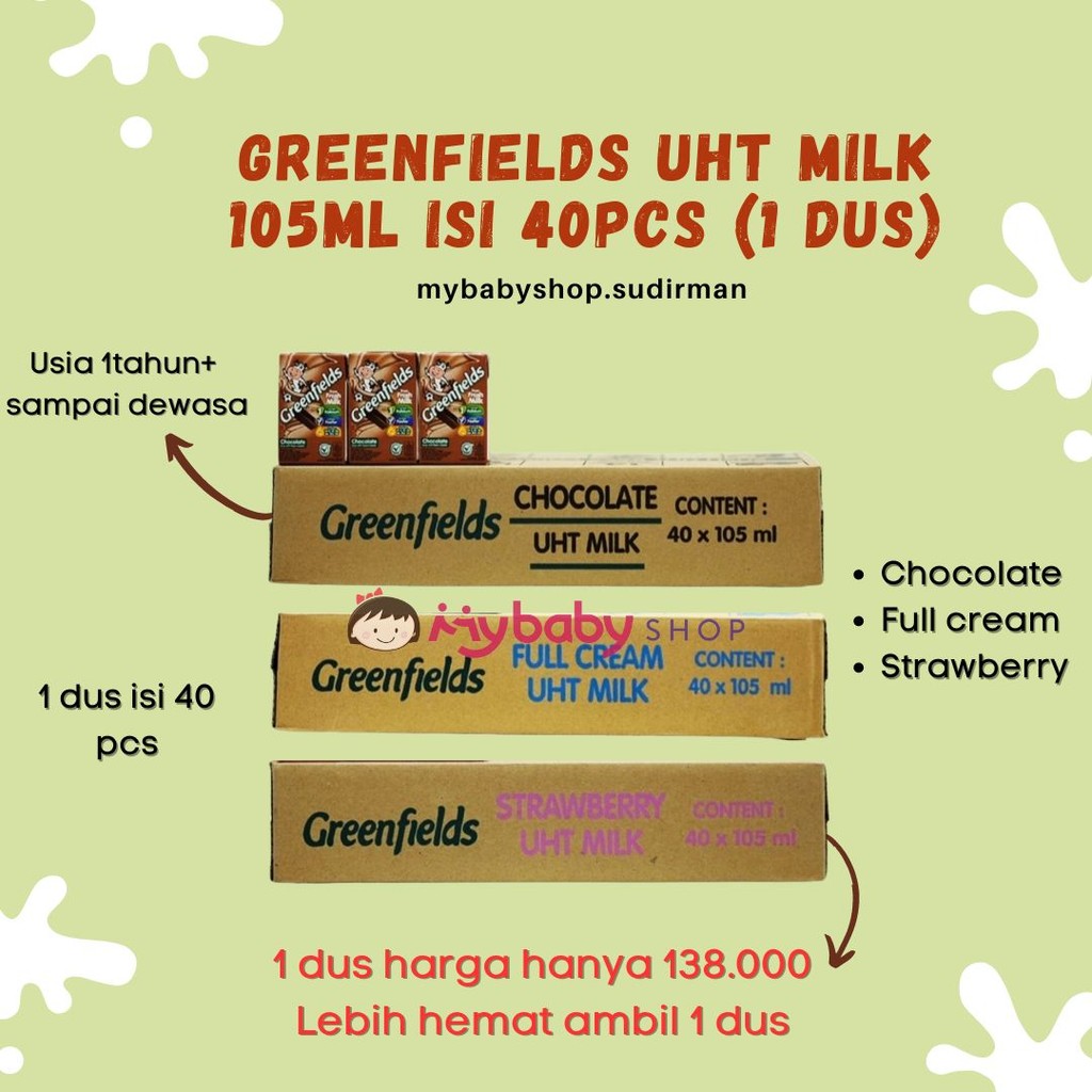 

Greenfields 105ml 1 dus isi 40pcs - Susu UHT anak - strawberry,cokelat,full cream