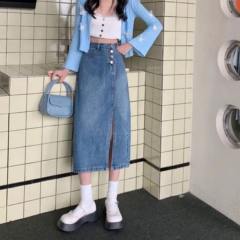 ALANONA - Lala Rok Jeans Skirt Kancing Samping - Lala Jeans Trendy Korean - Rok Belah Span Kancing S