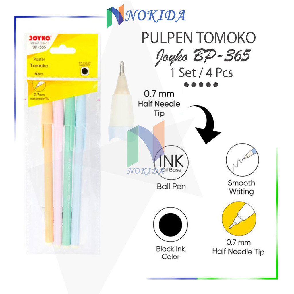 

Nokida Bulpen Joyko Tomoko BP-365 [1 Pack] / Pulpen Pastell 0.7 mm Hitam / Ballpen 4 Pcs / Alat Tulis