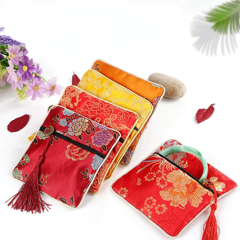 

11.5x11.5cm Chinese Brocade Handmade Silk Embroidery Tassel Padded Zipper Small Jewelry Gift Storage Pouch Bag Satin Coin Purse