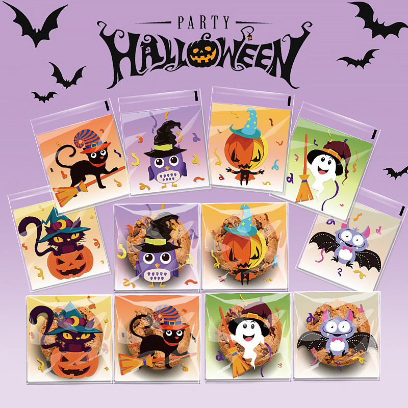 

100pcs Halloween Cellophane Bags Happy Halloween Clear Pumpkin Ghost Candy Bags Self-adhesive Plastic Cookies Packaging Bags
