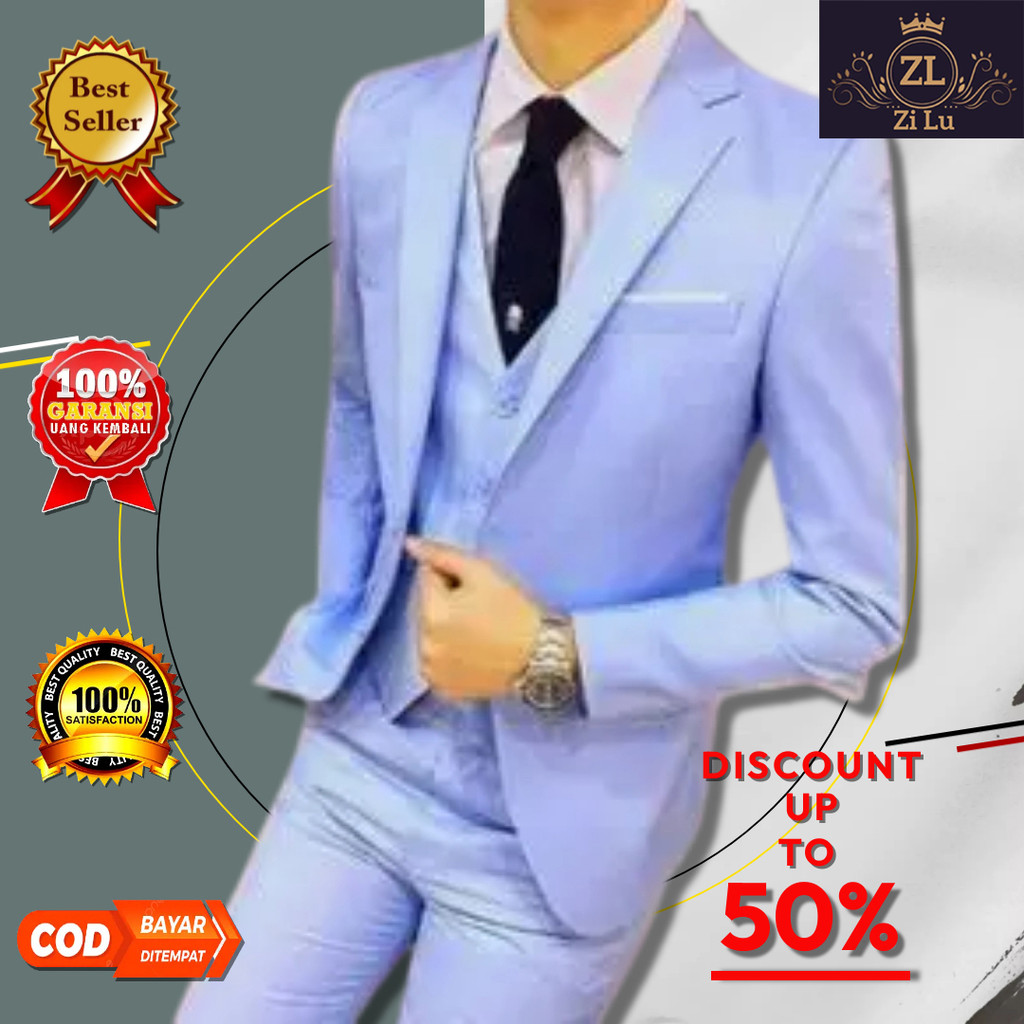 SETELAN JAS PRIA CYAN EVENT BLAZER PRIA BIRU MUDA