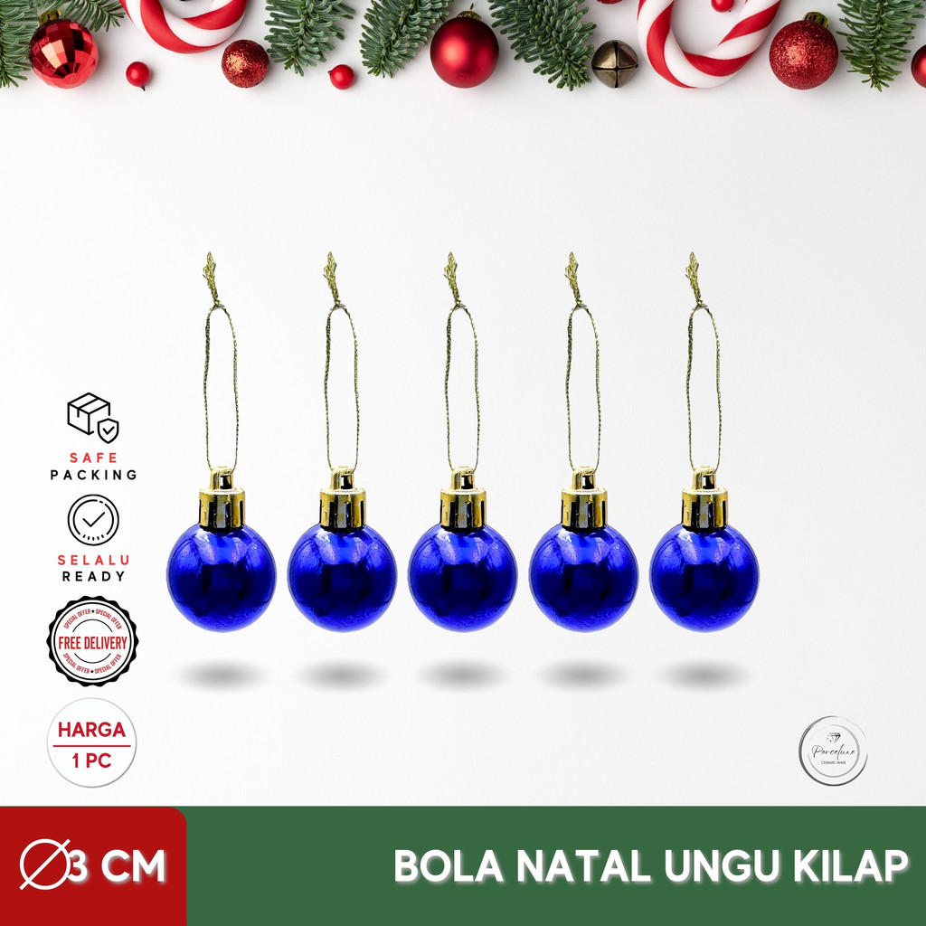 [1 Pc] Bola Natal Plastik Warna Ungu Kilap Diameter 3 cm Christmas Ball Tree Dekorasi Hiasan Gantung