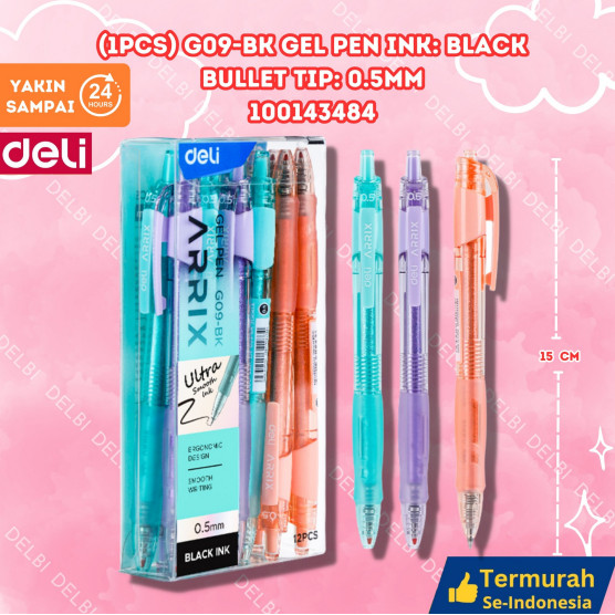 

Deli Gel Pen 0.5mm G09 ARRIX Warna Hitam (1pcs) G09-BK Gel Pen Ink Black Bullet tip 0.5mm