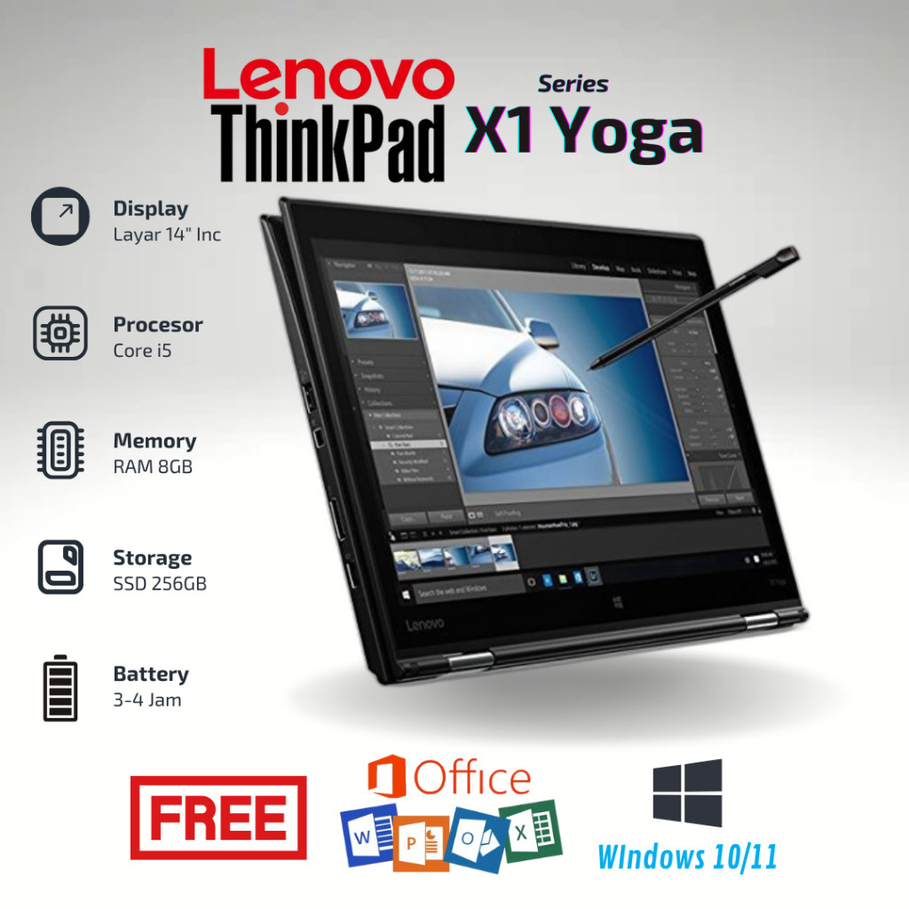 Laptop 2in1 Lenovo Thinkpad Yoga Touchscreen Core i5 RAM 8GB SSD 256GB Second Berkualitas