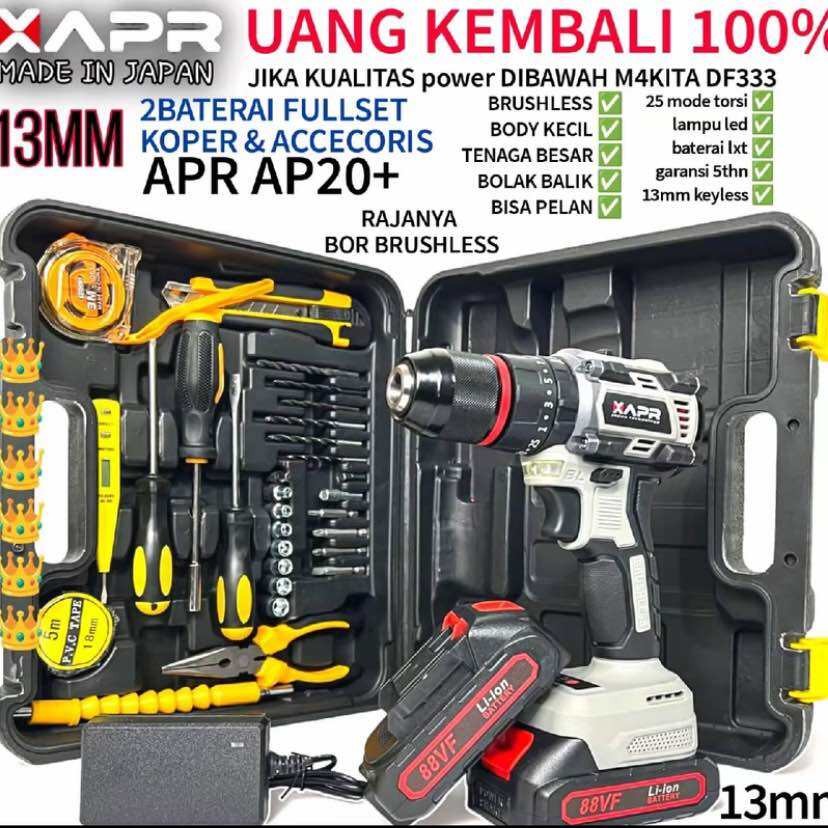 MESIN BOR BATERAI 88V APR AP20+ CORDLESS IMPACT DRILL APR AP20+ 88V BOR BETON TEMBOK KAYU 13MM APR A