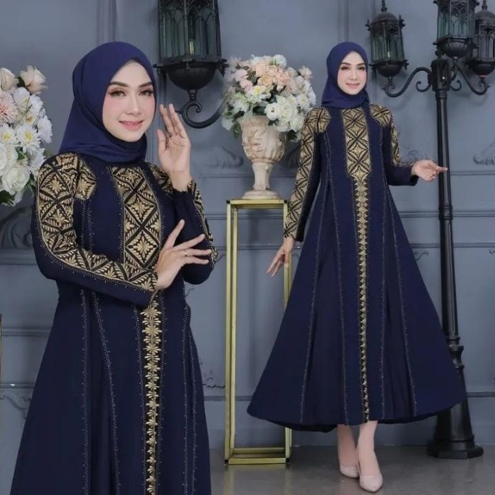 ✨LARIS✨ -Abaya Turki/Gamis Arab Pesta Bordir Jersey - Navy, M
