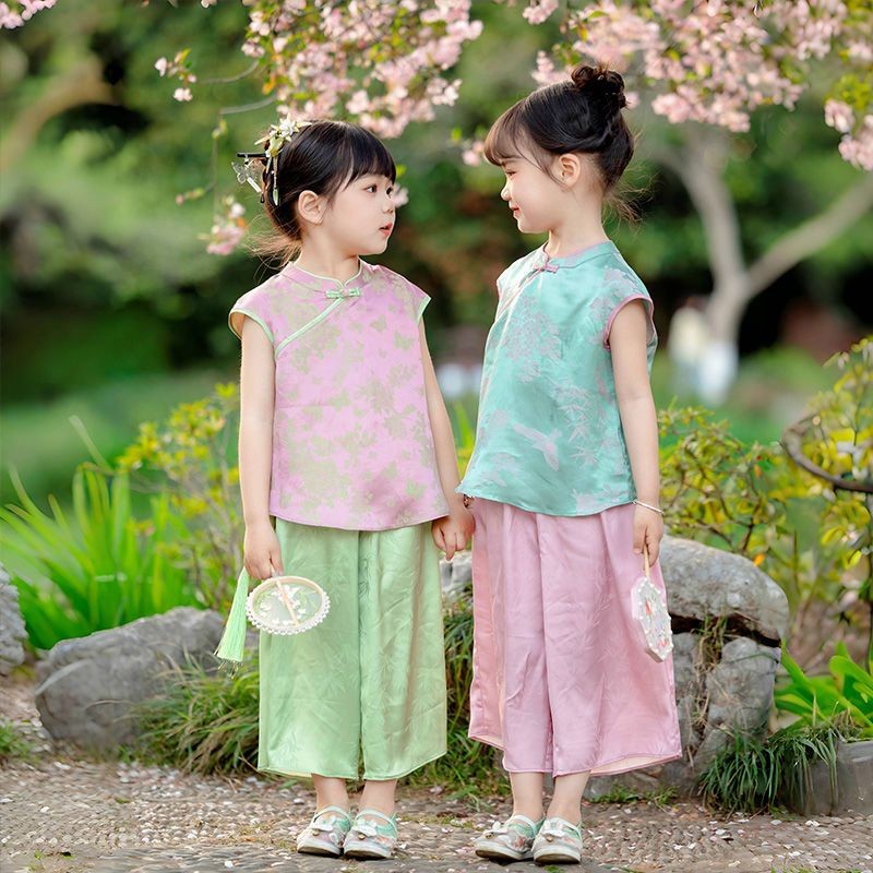 Setelan cheongsam Cina Hanbok anak-anak setelan cheongsam musim panas anak perempuan gaya nasional r