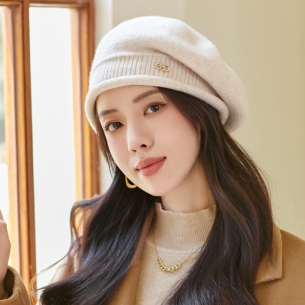 Topi Baret Rajut Knitted Winter Beret Topi Fashion Wanita Cantik Korea - Putih Oatmeal