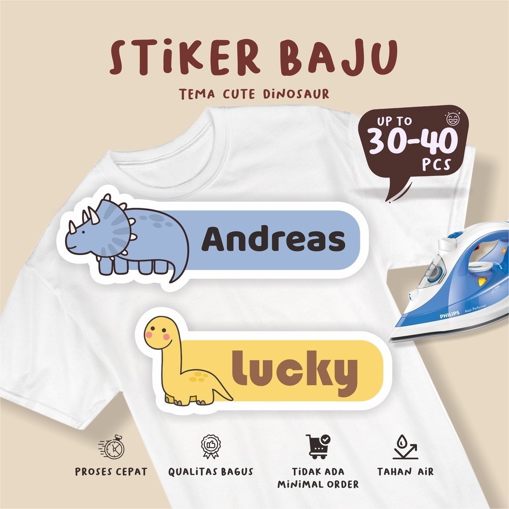 

(30-40pcs)custom cetak Stiker Kain Dtf Nama Anak tema DINOSAURUS / Sablon Setrika Name /Label Sticker Iron on sticker a/