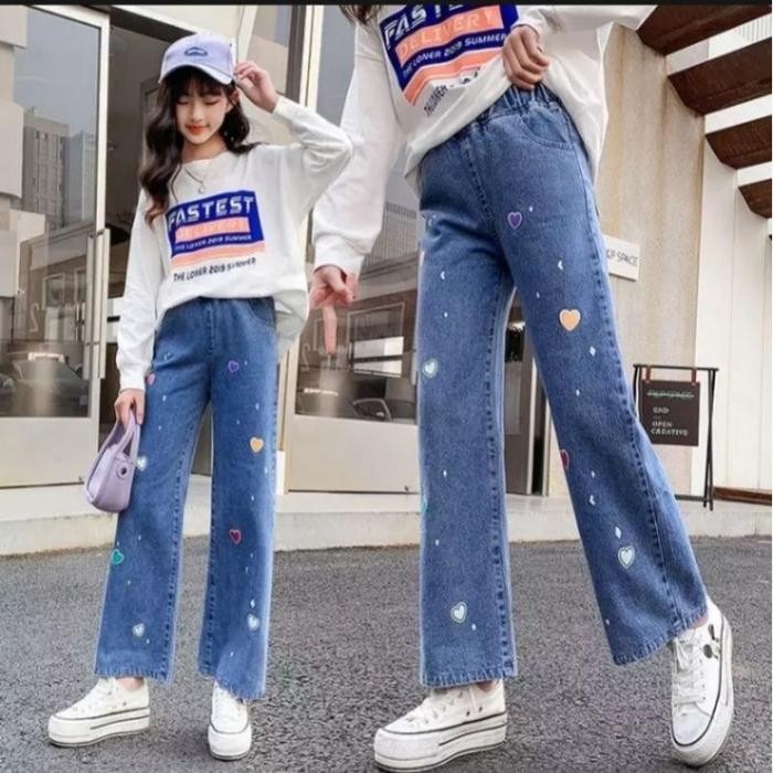 CELANA KULOT LOSSE ANAK-ANAK TANGGUNG MOTIF BORDIR LOVE PERCAK/Celana Jeans Anak/Kids denim Palazzo 