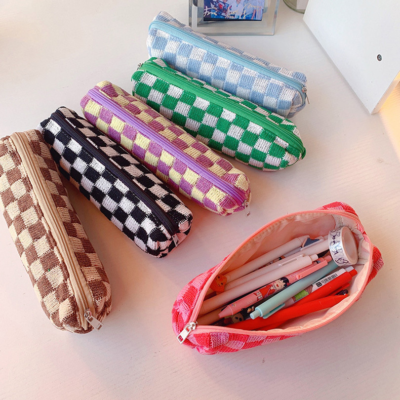 

Pencil Cases For Girls Trousse Scolaire Pencil Pouch Korean Stationery Checkerboard Pen Case Knitting Estuche Escolar Pencilcase