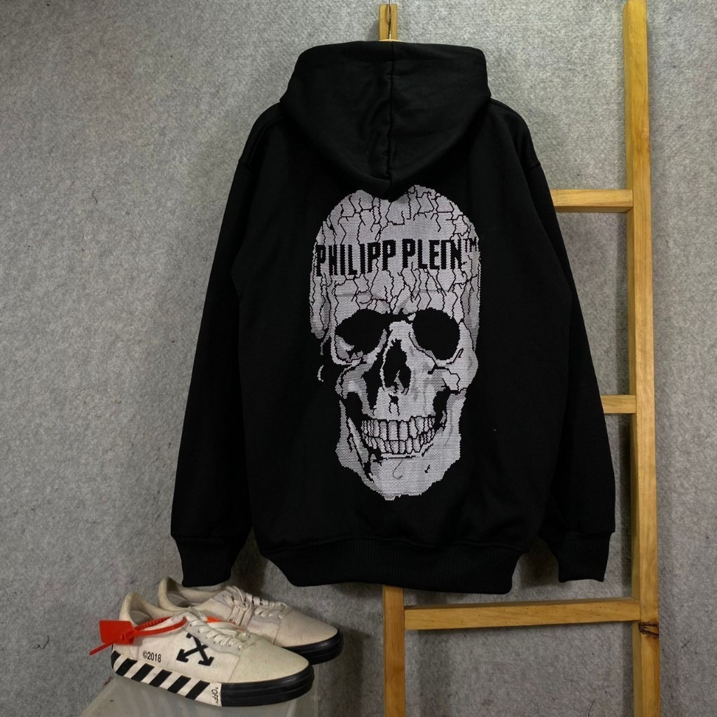 JAKET HOODIE ZIPPER PHILIPP PLEIN SKULL BACK BLACK PREMIUM