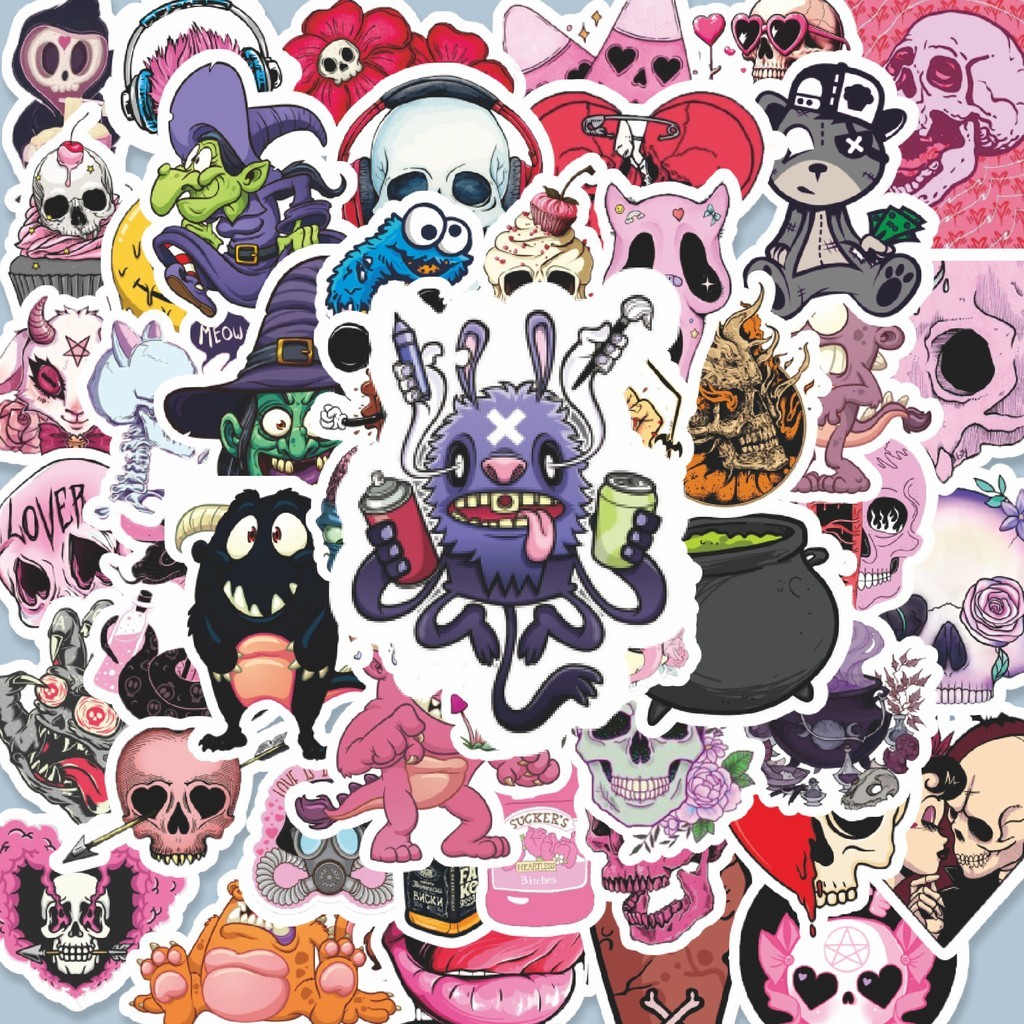 

100PCS Lucu Stiker Skull [Tengkorak] 2 Stiker Aesthetic Stiker Anti Air Stikers Berperekat Waterproof sticker decal buat Motor Helm Buku Journal Koper Casing HP Laptop Botol Minum Hadiah anak