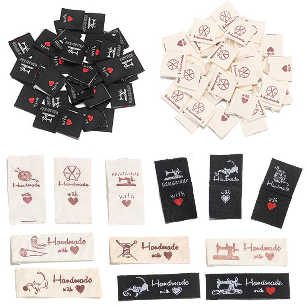 

50Pcs Clothes Labels Handmade With Love Clothing Tags Heart Shape Cartoon Cat Garment Accessories Knitting Wool Woven Supplies